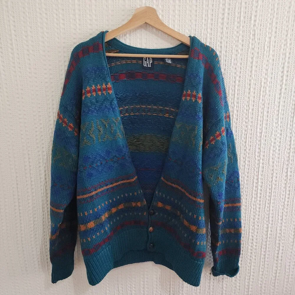 GAP Teal Multicolor Patterned Men's Cardigan